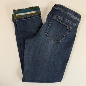 L.L.Bean Flannel Lined Jeans 12 Straight Leg Blue Denim Plaid Cuff Stretch